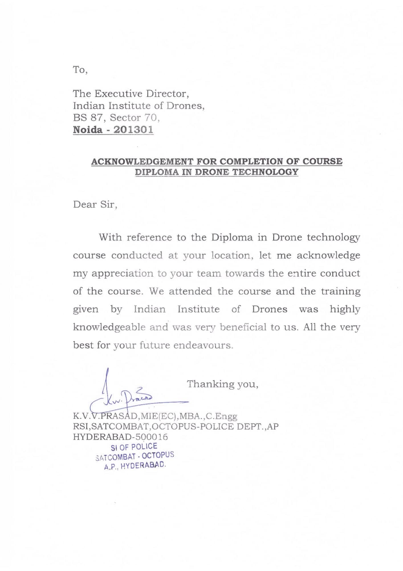 Satisfactory Letter for Drone Training Received from Octopus, Andhra Pradesh Police